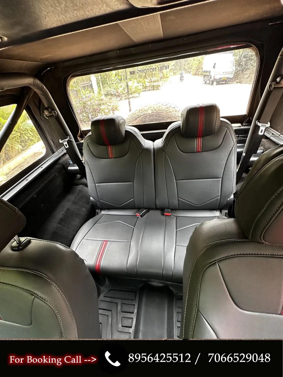 Front interior of the Mahindra Thar Convertible, a unique rental car experience in Goa.