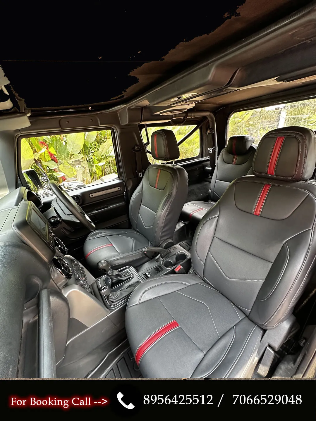 Interior and open top view of the Mahindra Thar Convertible, available for self-drive in Goa.